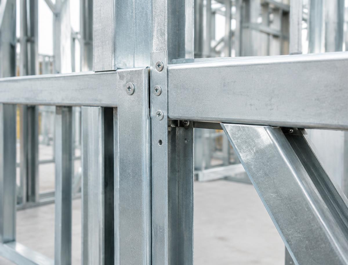 Detalhe de perfis galvanizados de Light Steel Frame parafusados em obra